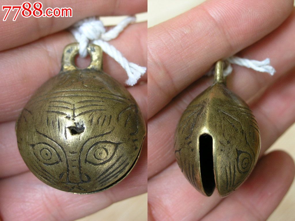 马帮遗旧160602-边疆早期小号刻虎字扁式虎头铜铃铛3.5cm