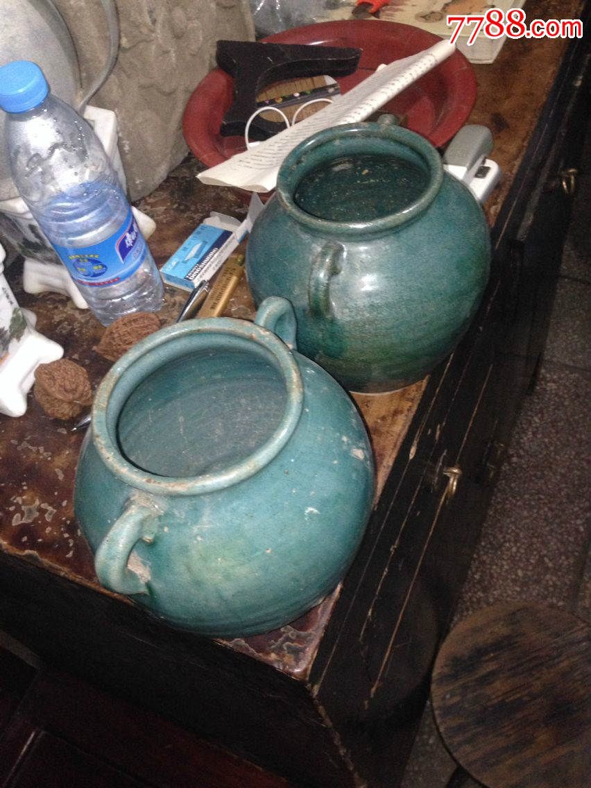顶级全品民国云南华宁窑少见蓝釉罐一对