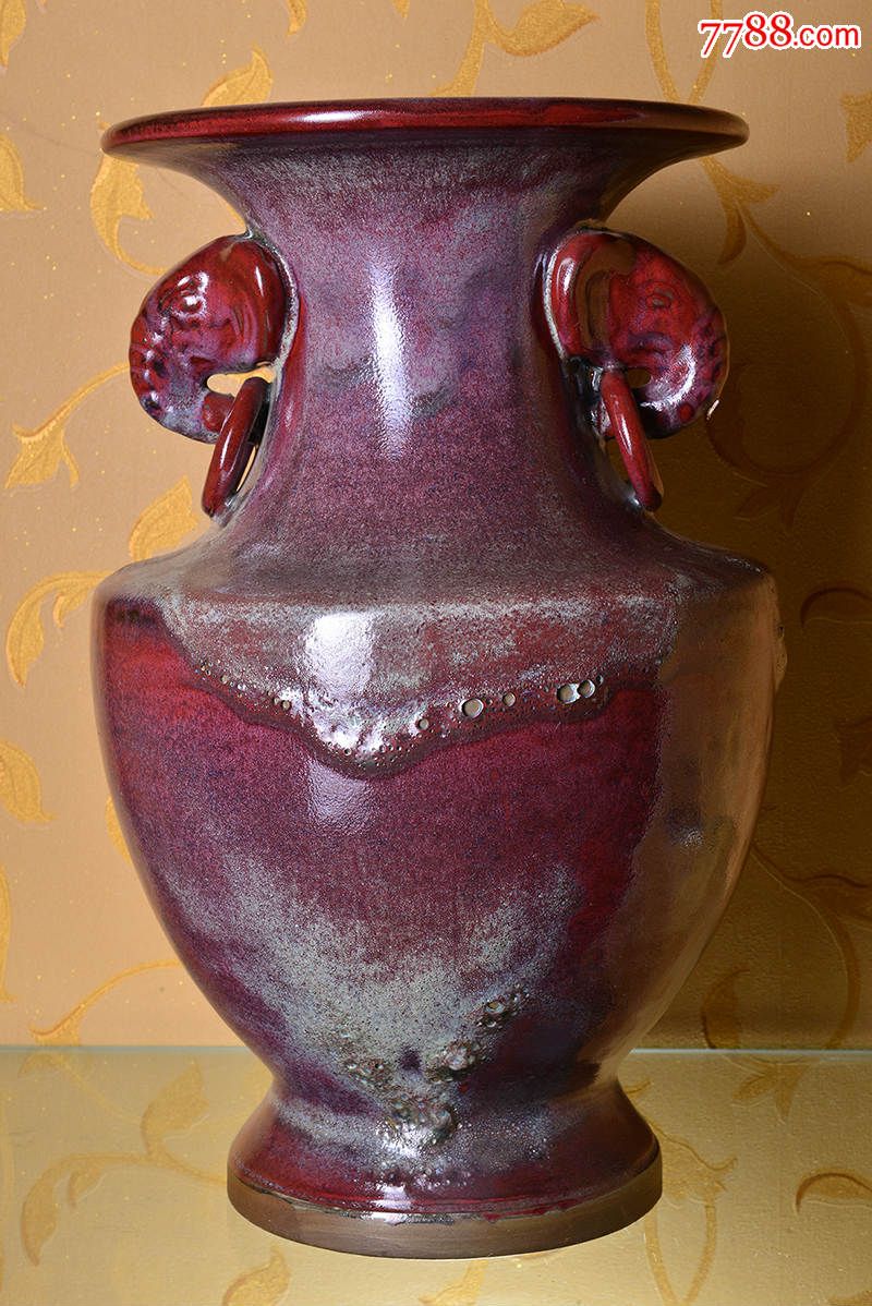晋佩章柴烧钧瓷窑变红釉象耳尊