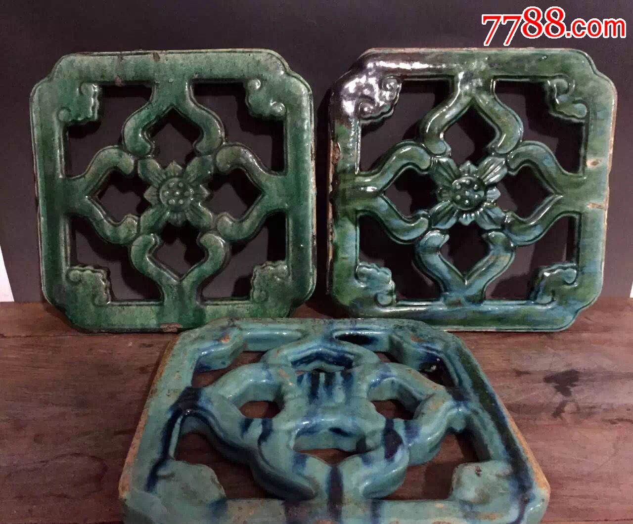 民国老琉璃花窗3片