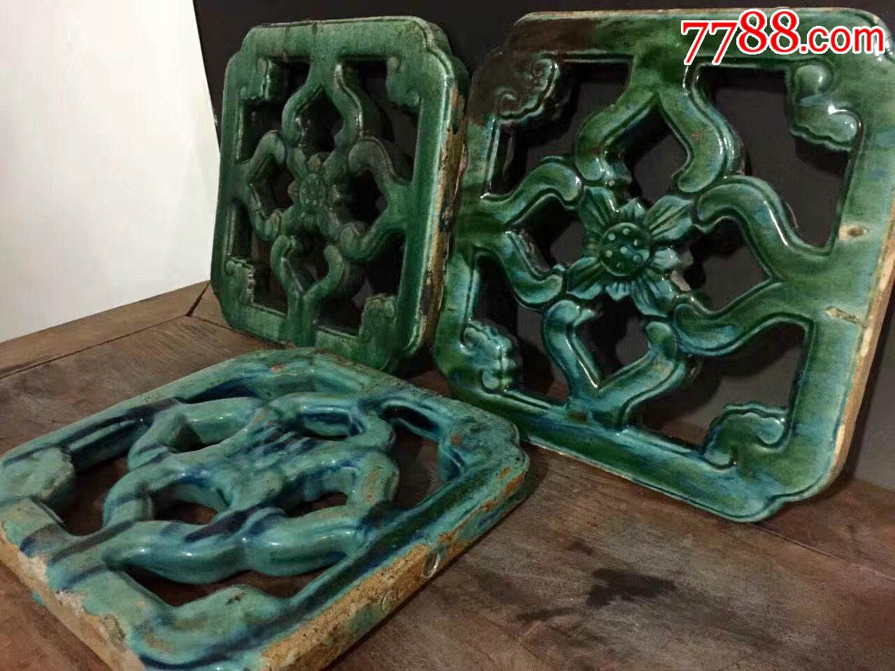 民国老琉璃花窗3片