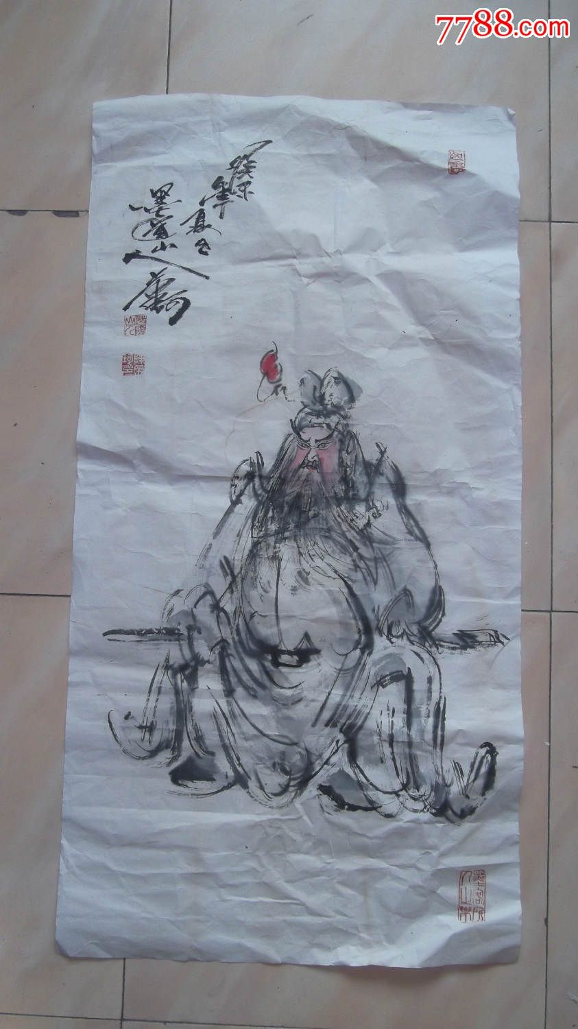 三尺中堂中国手绘水墨大写意人物画,墨道山人画的关公坐像图