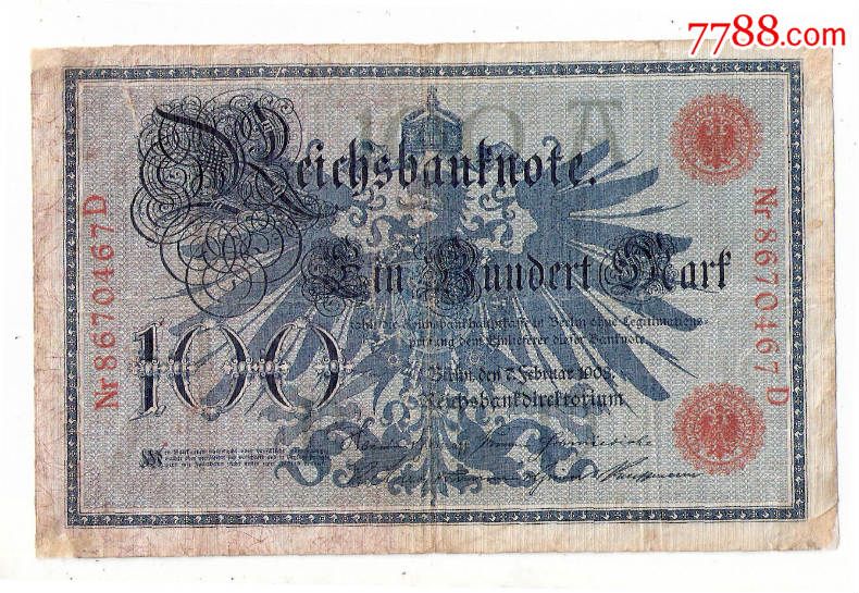 德国纸币德意志帝国100马克1908年(修角)