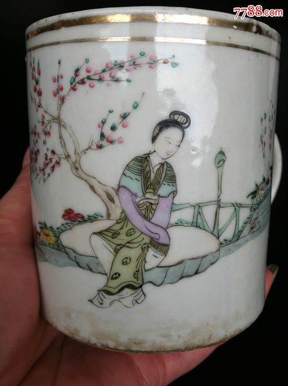 民国瓷器秦祥兴出品粉彩桃花仕女茶杯