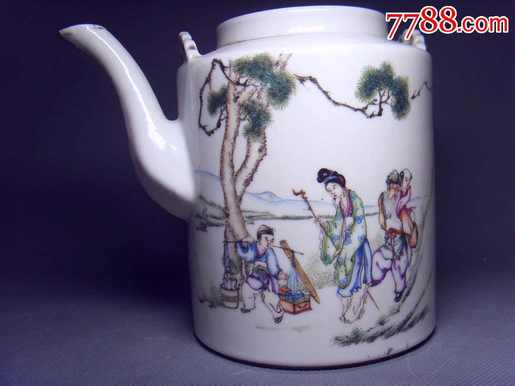 民国粉彩恭昌作孟母三迁提梁壶
