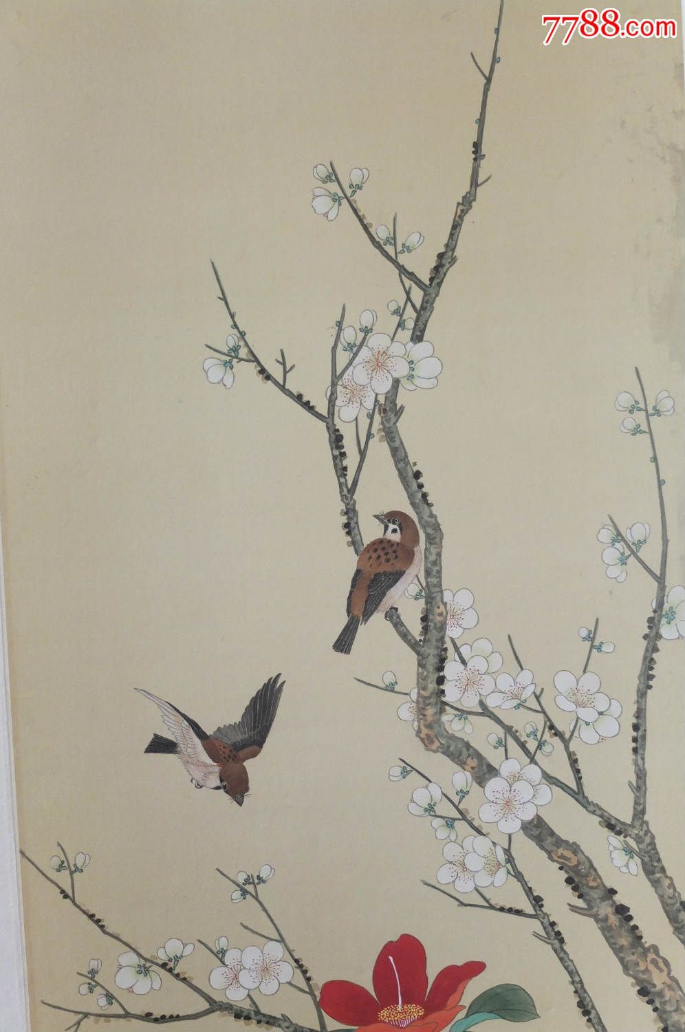 天津老画家崔今纲绢本工笔花鸟镜心