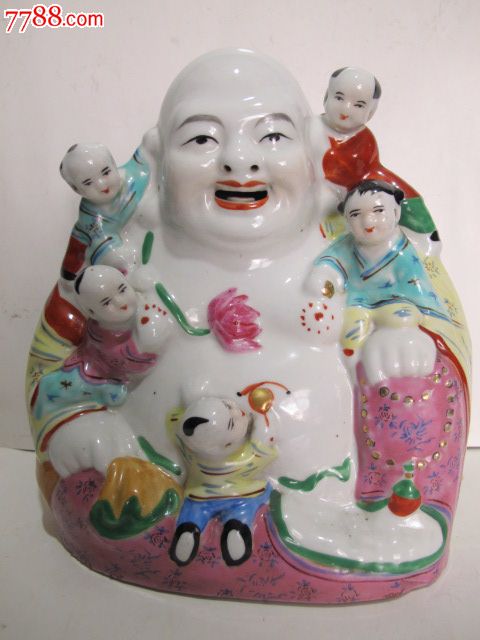 彩绘五子登科弥勒佛瓷像摆件