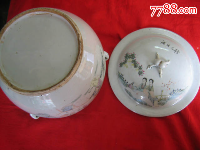 民国瓷绘名家胡子林作品粉彩仕女人物纹粥罐(包老)