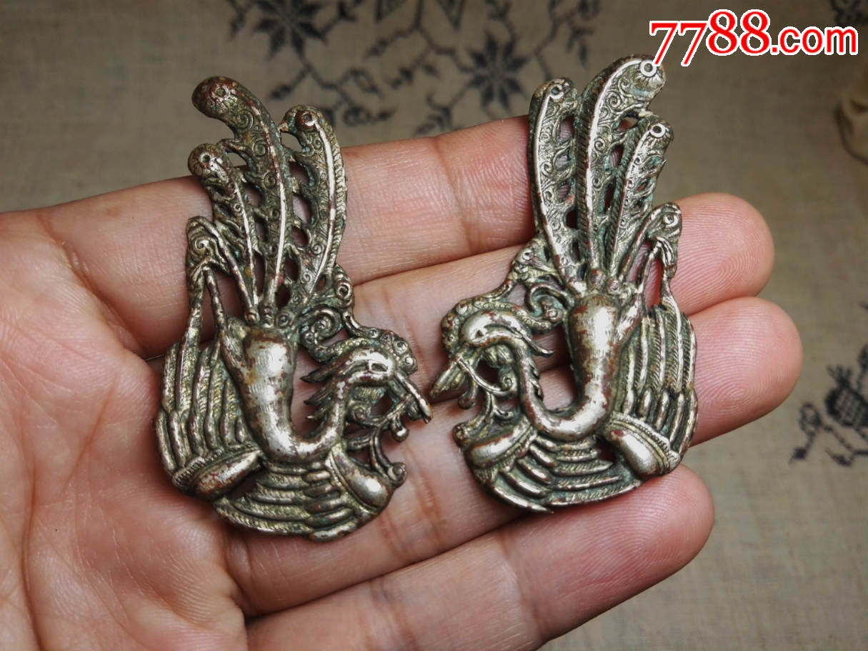 清代银凤凰一对