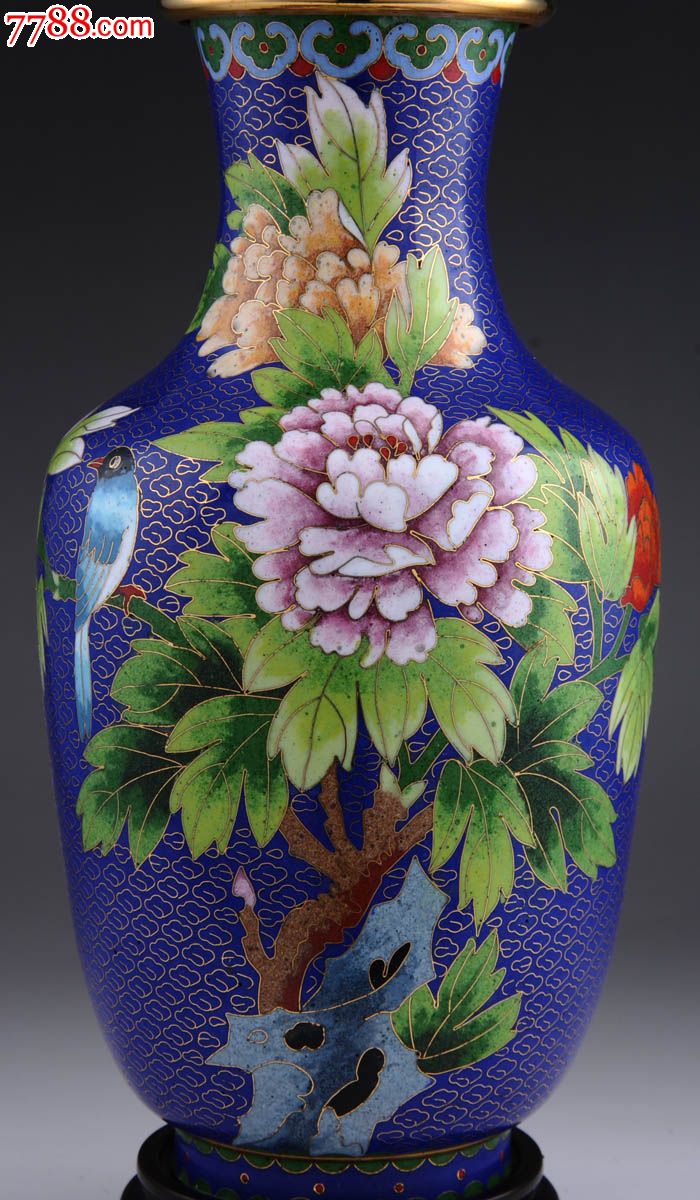高约26cm中国出口铜胎景泰蓝/珐琅彩牡丹花鸟花瓶全品【古玩杂项】