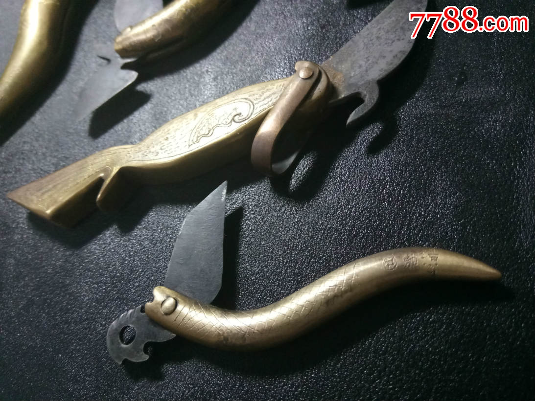 黄铜铜鱼刀一套手把件儿文玩收藏工具