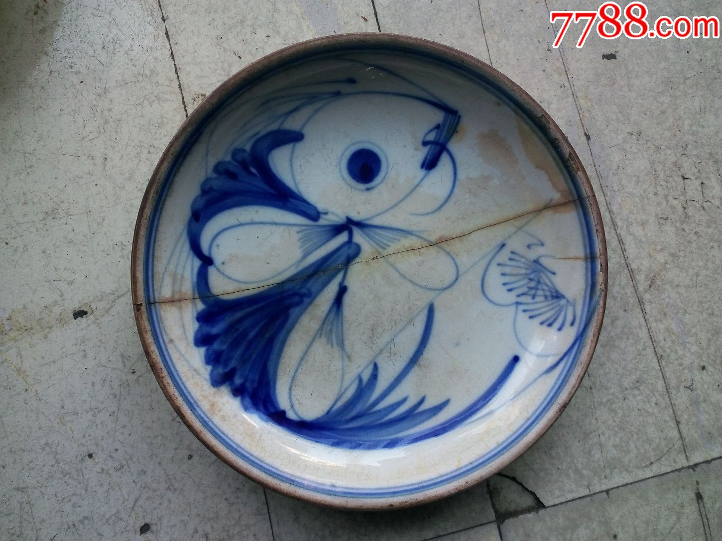 民国手画福陶青花鱼盘子赏盘碟子特大号民俗老瓷器摆件包老完好