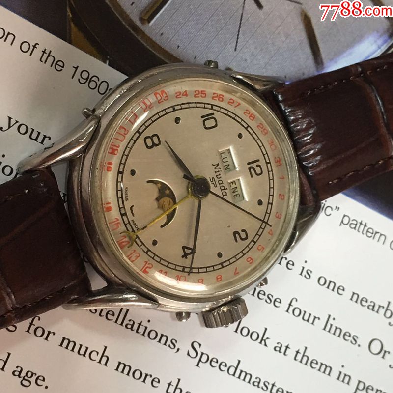 50年代瑞士nivada不锈钢三历月相腕表二手手表瑞士尼威达古董表