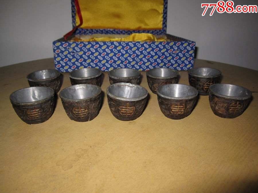 1192--清末锡胆椰壳雕寿字纹杯一套(10个)_椰