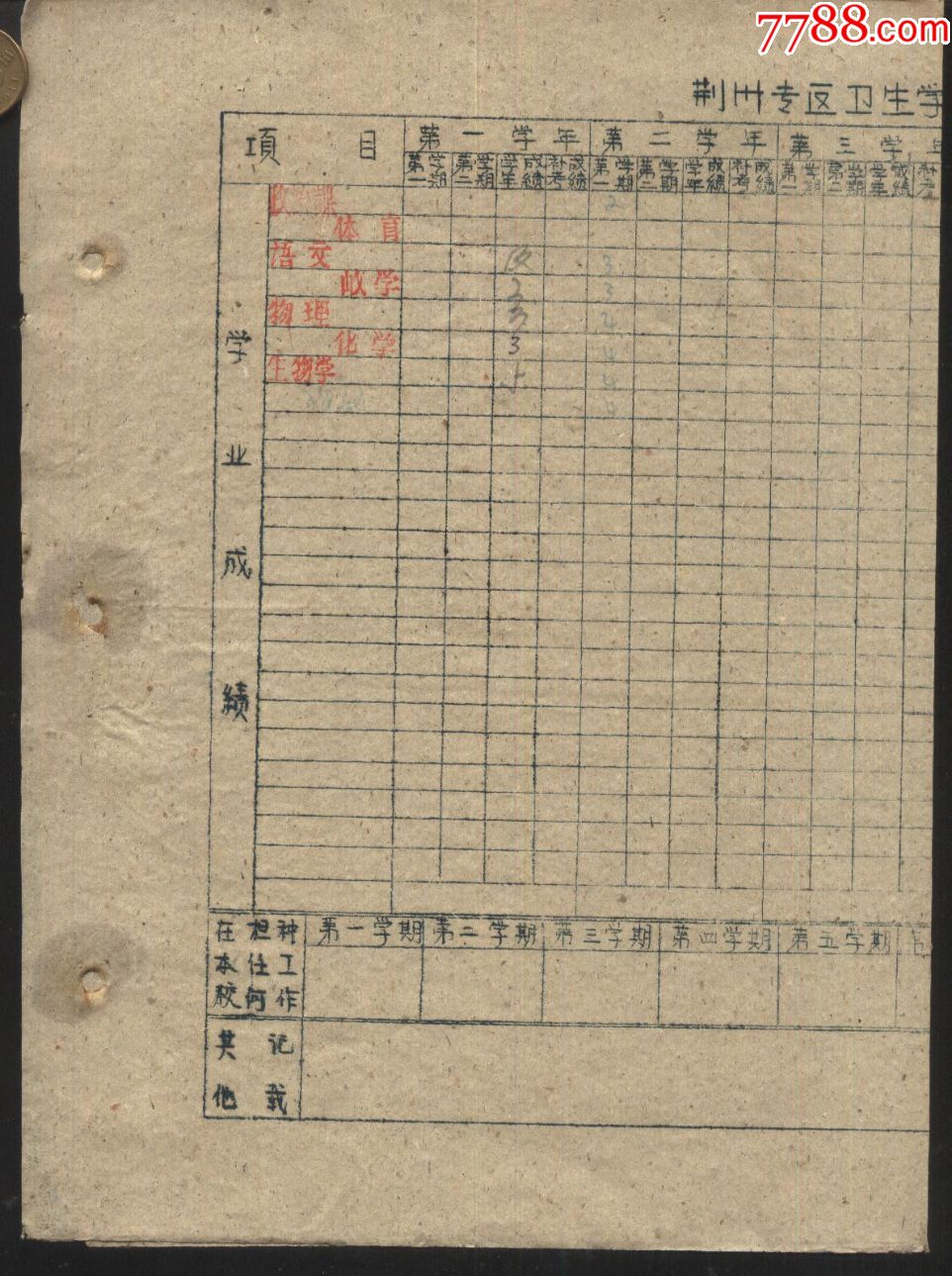 五六十年代荆州卫生学校学生登记表、鉴定表、
