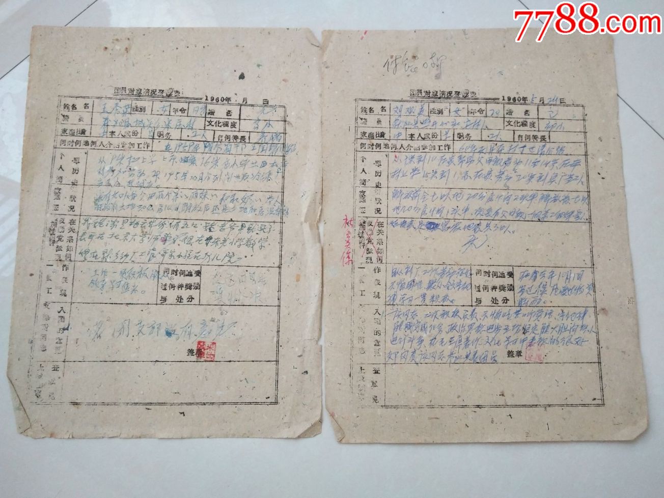 1960年團員對象登記表2份合售