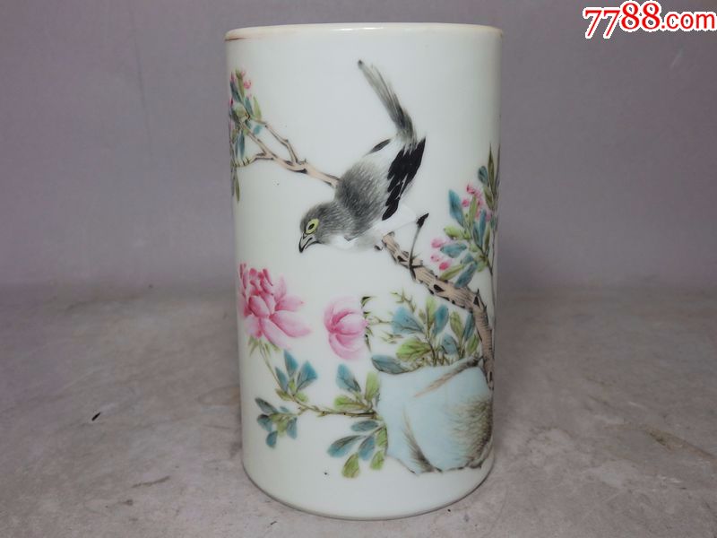 清代名家许品衡作花鸟绘画笔筒