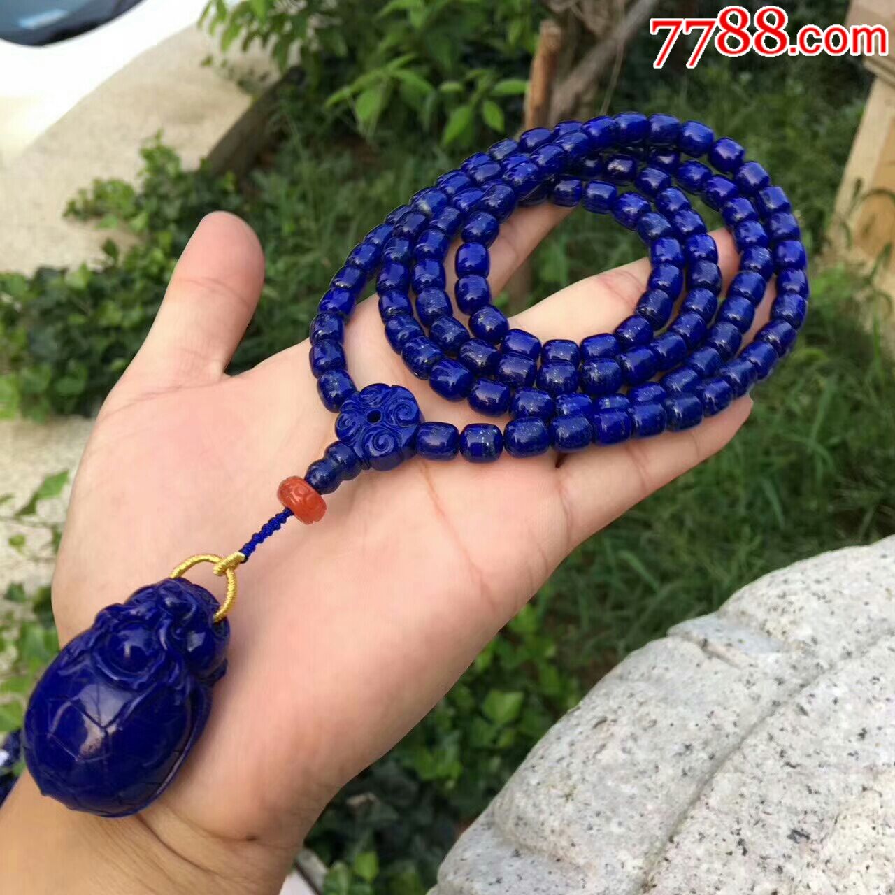微白微少金青金石老形桶珠108佛珠手链_价格1280.