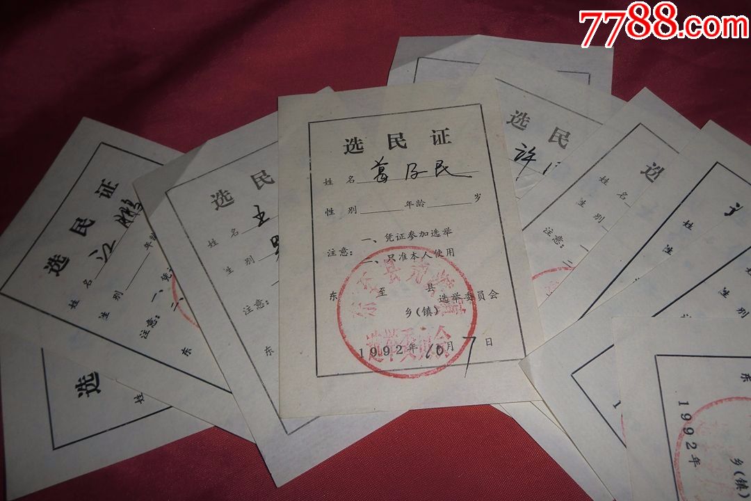 东至县尧都镇选民证10张合售(1992年)
