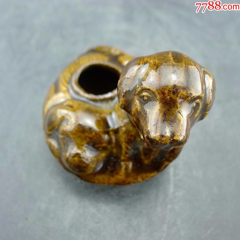 老瓷水盂清代双狗黄釉淄博窑老水盂文房雅器收