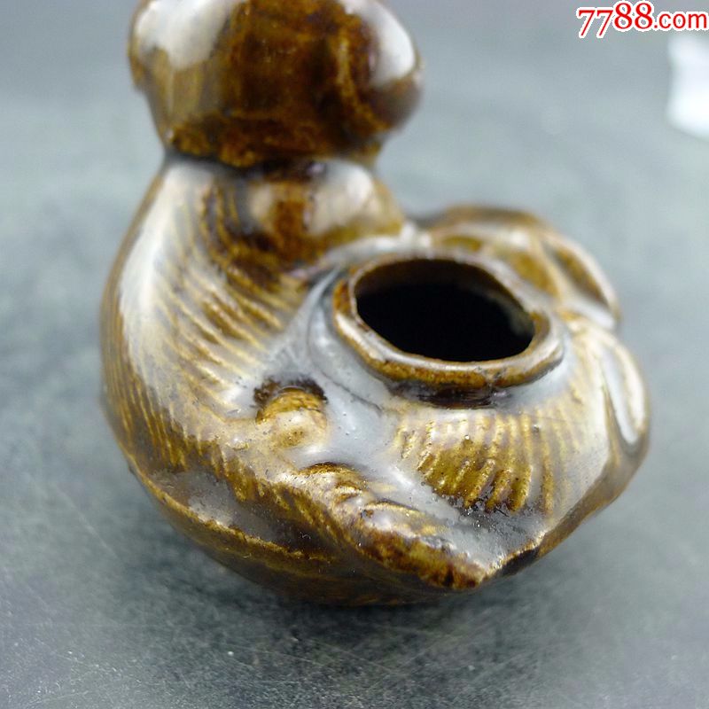 老瓷水盂清代双狗黄釉淄博窑老水盂文房雅器收