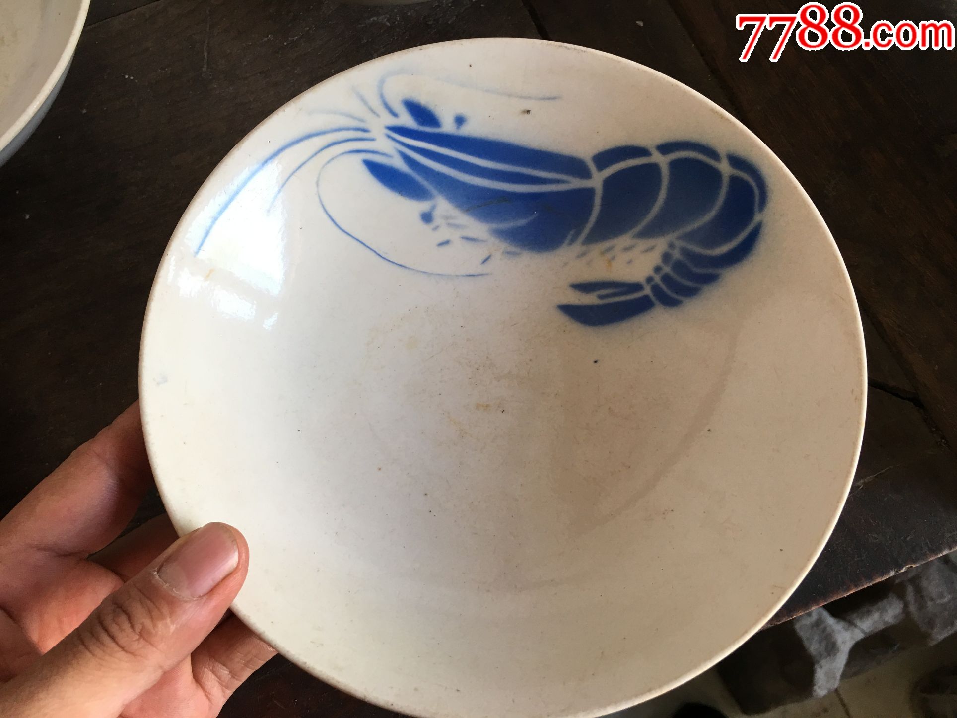 解放初期青花大虾老盘子连年有余赏盘老瓷器真品包老古玩杂项摆件