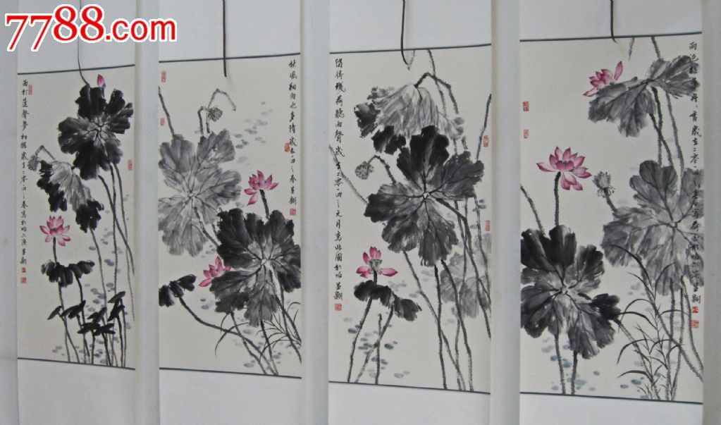 王显翱作品4【雨意荷花四条屏】100*50已裱轴【山水间画廊推荐】