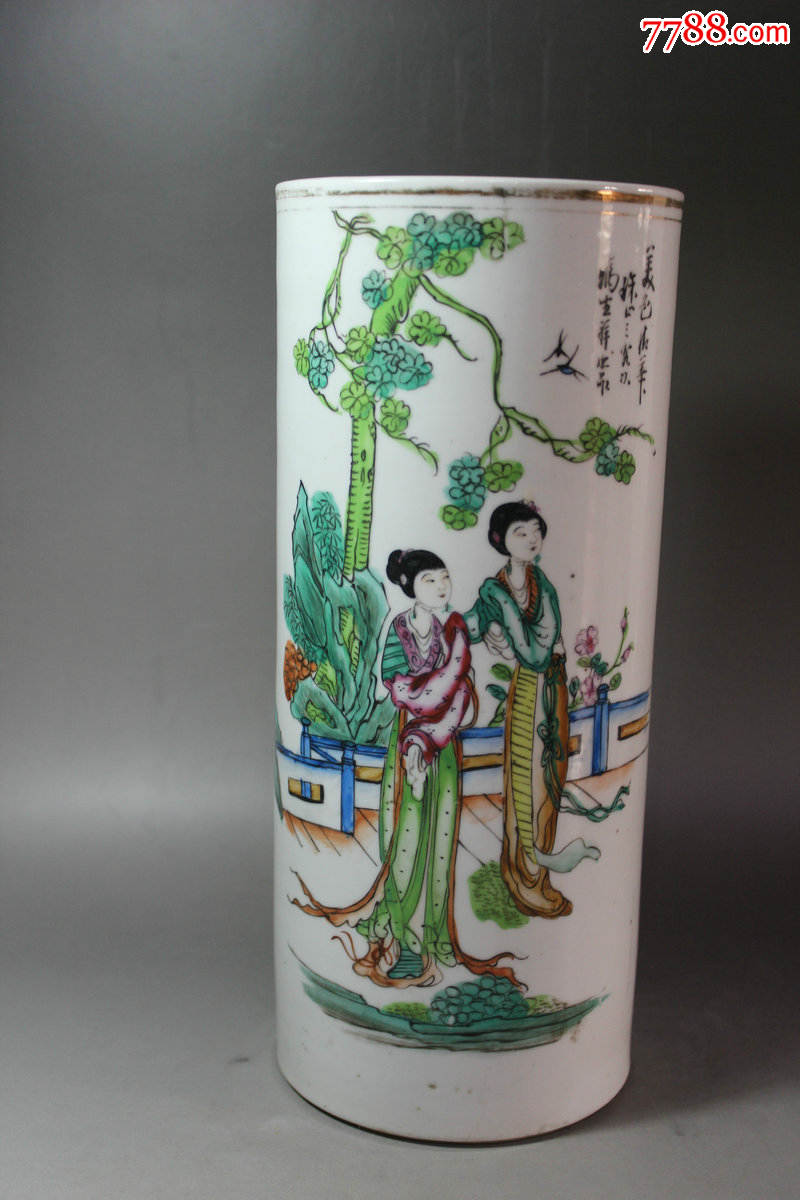 冯生祥作粉彩仕女帽筒"美色清华"