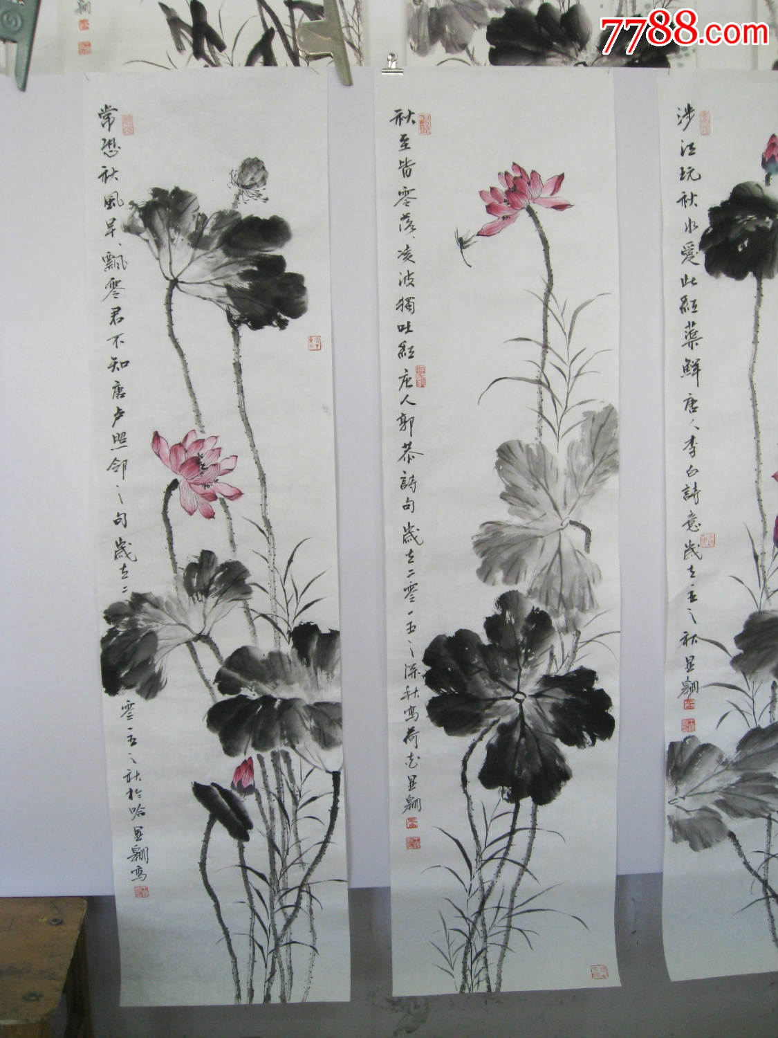 王显翱作品10【五言唐诗荷花四条屏】136乘34乘4画芯