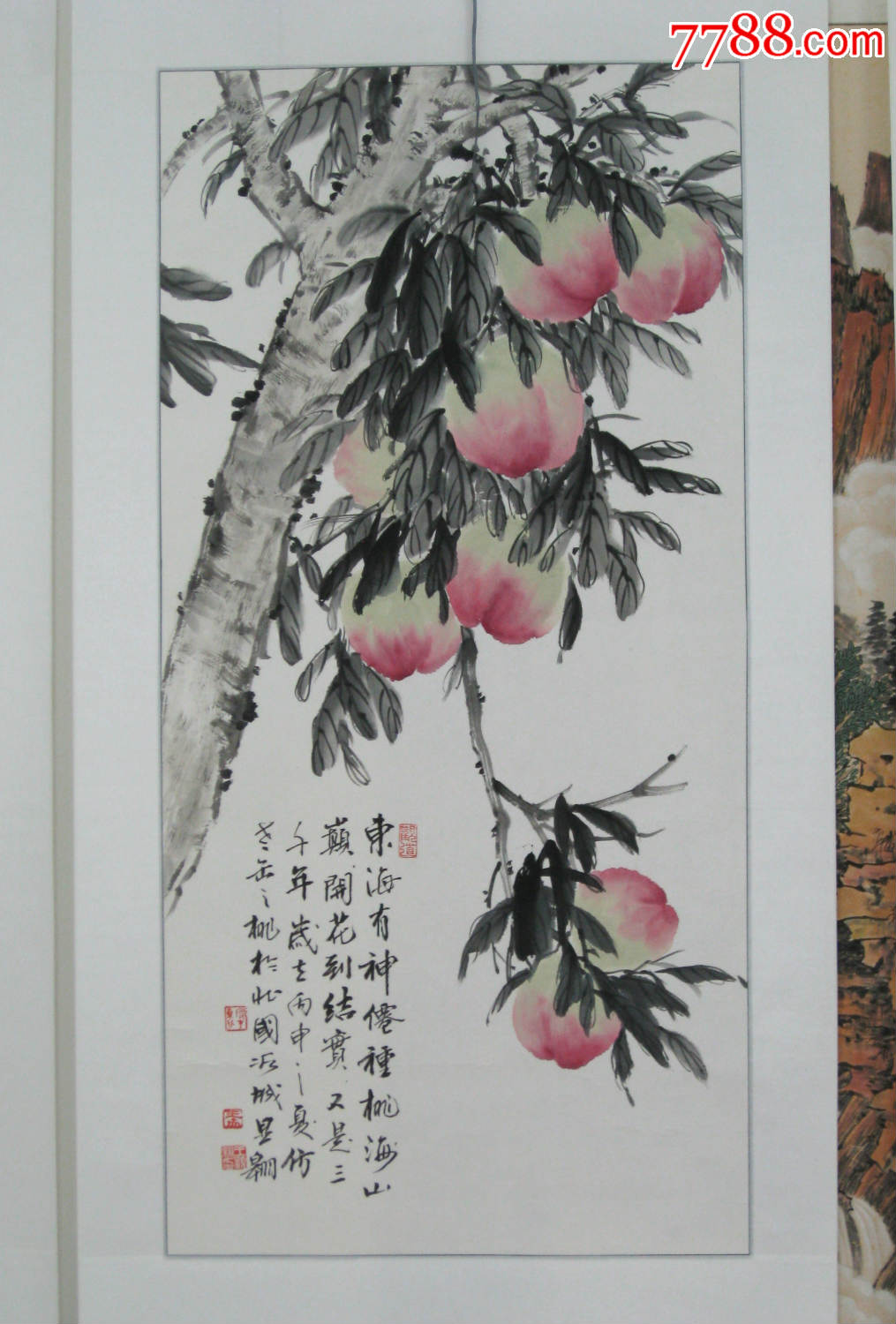 王显翱作品1【千年仙桃献寿图】画芯100乘50已裱轴