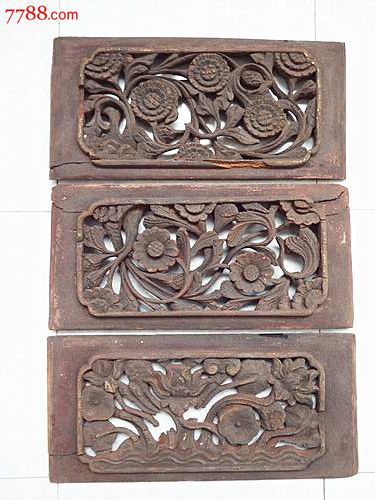 明代花卉镂雕花板3件(雕工粗狂,纹饰立体,罕见)-se51033985-木雕壁画