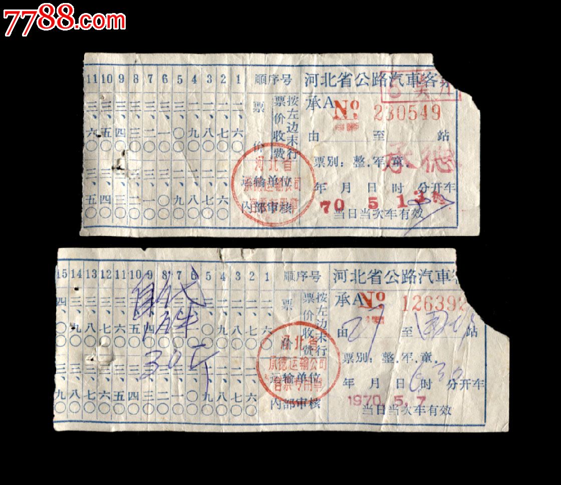 1970年:河北省【公路汽车客票】两张