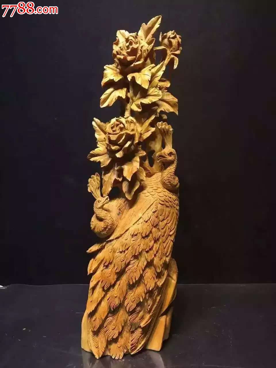 崖柏孔雀牡丹_木雕摆件_鲁班武艺根雕【7788收藏__中国收藏热线】