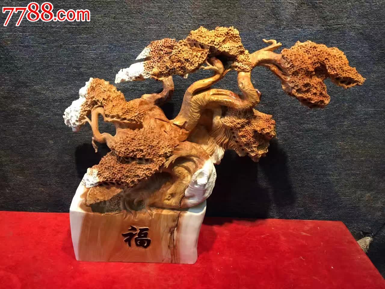 崖柏发财树玻璃框-木雕摆件-7788收藏
